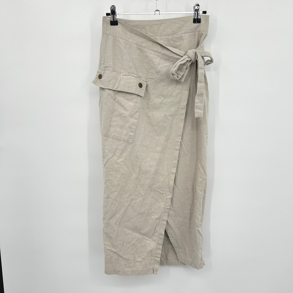 Linen Blend Wrap Midi Skirt XS Oatmeal Cargo Pocket Coastal Boho Neutral